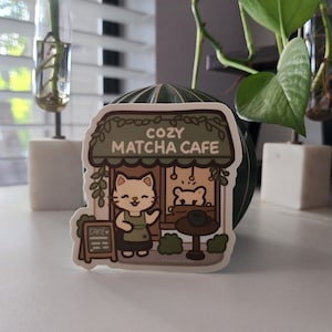 Adesivo Cozy Matcha Café - Adesivo in vinile con animali kawaii per caffetteria / Scena di caffè con gatto e orso