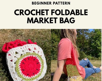 Market Bag Crochet Pattern, Foldable Mesh Net Tote, Reusable Beginner PDF + Video