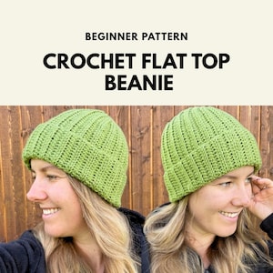 May include: A light green crochet beanie with a ribbed texture and a folded brim. The text at the top reads BEGINNER PATTERN CROCHET FLAT TOP BEANIE. The beanie is shown from two different angles, displaying the vertical stitch pattern clearly.