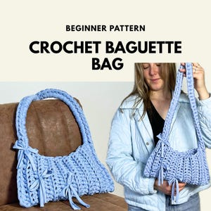 May include: A light blue crochet baguette bag featuring a ribbed texture and decorative fabric bows on the front. The text BEGINNER PATTERN CROCHET BAGUETTE BAG is displayed above the bag, which is shown both independently and being held.