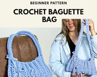 Modèle PDF de sac baguette au crochet, sac à main imprimable en fil de t-shirt, guide étape par étape pour débutants