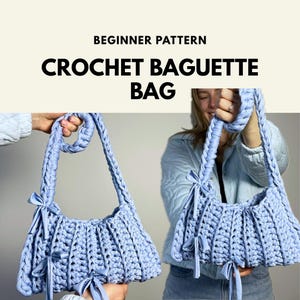May include: A light blue crochet baguette bag featuring a thick braided shoulder strap and decorative ribbon bows. The bag has a textured, ribbed pattern throughout its surface. The text "BEGINNER PATTERN CROCHET BAGUETTE BAG" is visible.