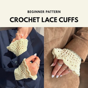 Puede incluir: Un patrón para principiantes de puños de encaje de ganchillo en hilo color crema con un delicado diseño calado. Los puños se muestran bajo una americana azul oscuro y una chaqueta marrón, con una base acanalada y un borde festoneado.
