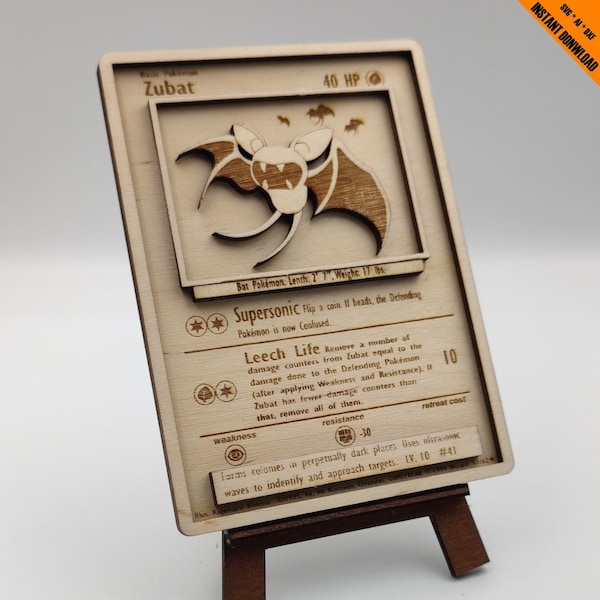 Zubat Pokémon - Wooden card - 041 - 57/64 - Laser Cutter Files for Wood - SVG/AI/DXF Laser Cut File Only! + Free Stand