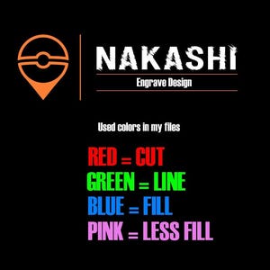 May include: A black and white logo with the text "NAKASHI Engrave Design". Below the logo, the text "Used colors in my files" is displayed. The text "RED = CUT", "GREEN = LINE", "BLUE = FILL", and "PINK = LESS FILL" is displayed in red, green, blue, and pink, respectively.