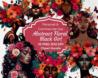 Floral Black Girl Clipart: Abstract Woman PNG Bundle (Digital Download)