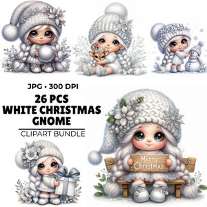 May include: A digital clipart bundle featuring six illustrations of white Christmas gnomes. Each gnome is depicted with long white braids, wearing a white hat and clothing. The text "26 PCS WHITE CHRISTMAS GNOME CLIPART BUNDLE" is also included.