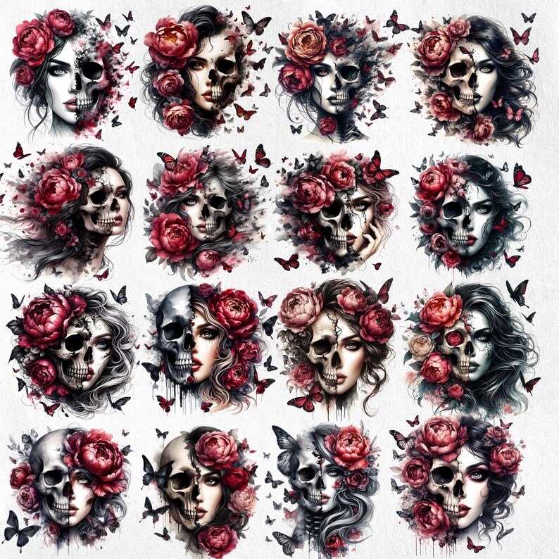 May include: A collection of sixteen artistic images featuring a skull combined with a woman's face, adorned with red roses and butterflies. The artwork blends elements of beauty and the macabre, with a gothic aesthetic.