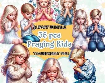 Praying Kids Clipart: Cute Children Praying PNG, Christian Faith Clipart, White American Girl and Boy Praying, Prayer Digital Download