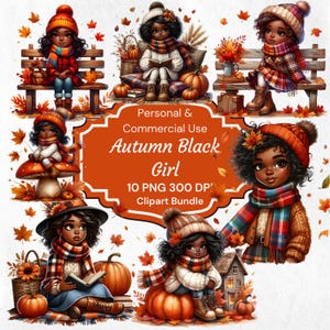 Black Girl Fall Clipart PNG: Afro Autumn Design Digital Download