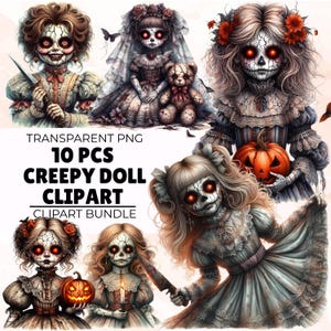 Haunted Doll Clipart: Creepy Gothic Halloween PNG (Commercial Use, JPG Files)