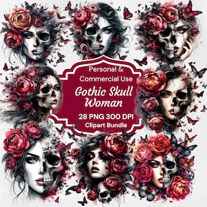 Bloemen schedel clipart, gotische schedel roos vrouw PNG clipart, donkere vrouwelijk, aquarel Halloween, bloemenprint SVG, skelet gezicht, commercieel