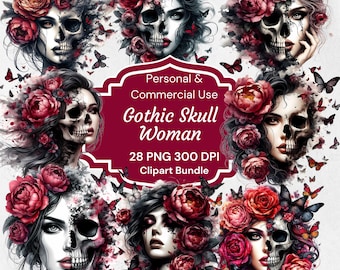 May include: A digital art bundle featuring multiple images of a woman's face combined with a skull, adorned with red roses and butterflies. The images are in a gothic style, with a dark and dramatic aesthetic. The text on the image reads "Gothic Skull Woman" and "28 PNG 300 DPI Clipart Bundle."