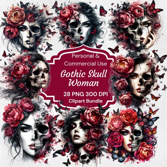 Floral skull clipart, Gothic Skull Rose Woman PNG Clipart, Dark Feminine, Watercolor Halloween, Floral Print SVG, Skeleton face, Digital