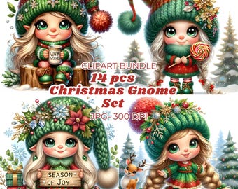 Conjunto de imágenes prediseñadas de gnomos navideños, 14 imágenes JPEG de alta calidad de 300 DPI, gnomos navideños, imprimibles digitales de vacaciones de invierno, sublimación y manualidades.