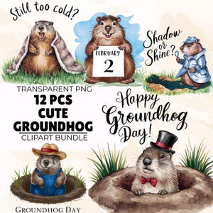Watercolor Groundhog Day Clipart Bundle: Punxsutawney Phil PNG (Commercial Use, Digital Download)