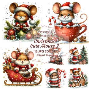 Christmas Mouse Clipart, Cute Funny Mouse Clipart, Printable Watercolor, High-Quality JPGs, Papercraft, Junk Journal, Nursery Art Print