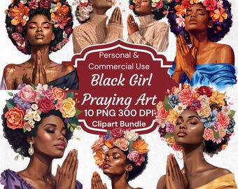 Black Girl Praying Art PNG, Melanin Woman Faith Clipart Perfect for sublimation, Bible Cover, Scrapbooking, Journaling, Digital Download