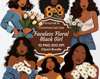 Floral Faceless Black Girl Clipart: Spring PNG Stickers (Digital Download)