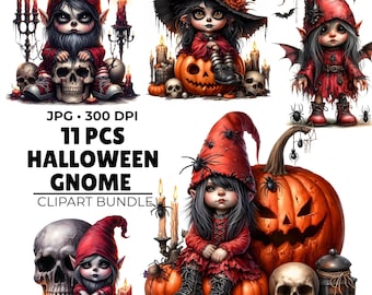May include: A digital clipart bundle featuring 11 Halloween gnomes. The gnomes are depicted in various poses, wearing red outfits and hats, with pumpkins, skulls, candles, and spiders. The text "11 PCS HALLOWEEN GNOME CLIPART BUNDLE" is also visible.