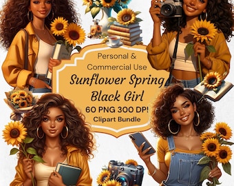Black Girl Sunflower Clipart: Spring PNG Bundle (Digital Download)