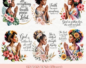Black Girl Praying PNG, Watercolor Floral Bible Scripture Clipart Christian Sublimation Art for T-shirts, Journaling, Digital Download