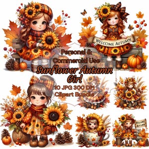 May include: A digital clipart bundle featuring illustrations of a girl with sunflowers and autumn leaves. The girl is wearing a dress and hat with sunflower and plaid patterns. The text "WELCOME AUTUMN" is visible in one image.