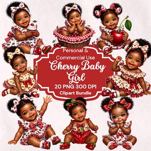 Cherry Baby Shower PNG Bundle, Afro Baby Girl Clipart, Cute Black Baby Cherry Theme, Digital Download