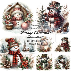 Vintage Snowman Clipart Bundle Christmas Clipart Watercolor Snowman JPG Images Holiday Cards Crafts Printable Graphics Winter Scenery Art