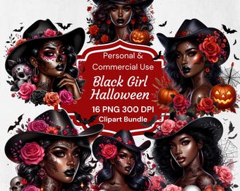 Black Girl Halloween PNG Bundle, Spooky Clipart, Fall Sublimation, Horror T-shirt Tumbler, Gothic Girl Clipart,  Spooky Halloween Crafts