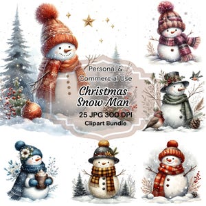 Vintage Christmas Snowman Clipart: Watercolor JPG Images (Digital Download)
