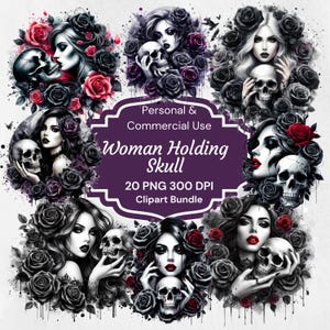 Frau mit Schädel schwarze Rosen, Frauenschädel, dunkle feminine Kunstdrucke, Blumenschädel Clipart, Schädel-Png-Designs, Schädel-Journal, kommerziell
