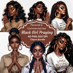 Black Girl Praying Clipart: African American Women, Faith Art (PNG, 300 DPI)