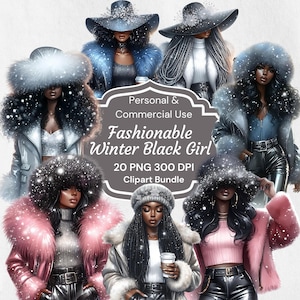Winter schwarz png, schwarze Frau Clipart, gemütlicher Winter Clipart, Wintermode, afroamerikanische Planer Sticker Sublimation, Weihnachtscliparts