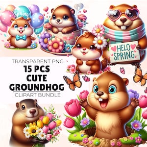 Groundhog Clipart Bundle, Adorable Cute Kawaii Groundhog, Groundhog Day Png, Spring Day, Groundhog Tshirt Design, Instant Download