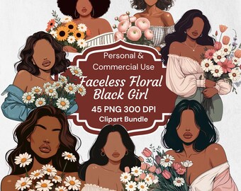 Gesichtslose schwarze Mädchen Clipart: Floral Afro Frühling Designs (PNG digitale Aufkleber)