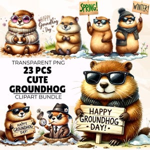 Groundhog Watercolor Clipart Bundle, Adorable Cute Groundhog, Groundhog Day, Spring Day, Groundhog Tshirt Design, Groundhod Day PNG