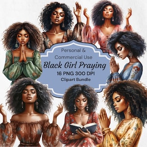Clipart de menina negra rezando, Mulher negra de fé, Clipart de linda menina afro, Gráficos de menina negra, Planejador de menina negra rezando, Sublimação