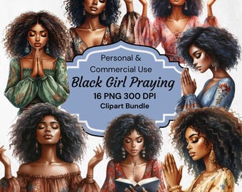 Black Woman Praying Clipart: Afro Girl Graphics (PNG Digital Download)