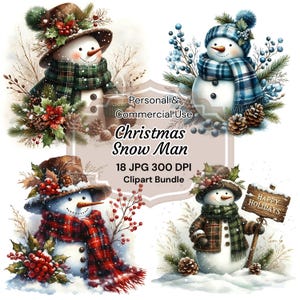 Clipart di pupazzo di neve di Natale vintage, pupazzo di neve acquerello, acquerello stampabile, JPG di alta qualità, diario di carta riciclata, artigianato digitale