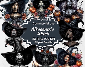 Akvarell Afrohäxa Clipart: Svart Flicka Magi Halloween PNG (Digital Nedladdning)
