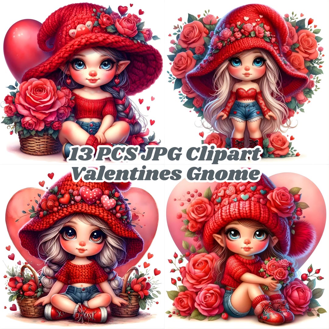 Red Valentine Gnome Clipart Bundle, Watercolor Love Gnomes JPG, Cute ...