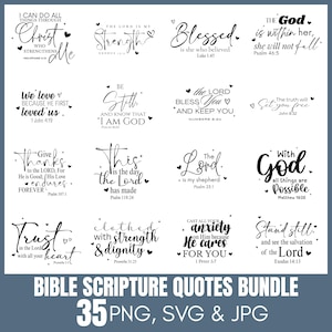 Może przedstawiać: Kolekcja 16 czarno-białych cytatów biblijnych z sercami, w różnych czcionkach. Cytaty zawierają frazy takie jak "Chrystus, który mnie umacnia" i "My miłujemy, ponieważ On nas pierwszy umiłował". Słowa "Bible Scripture Quotes Bundle" znajdują się na dole.