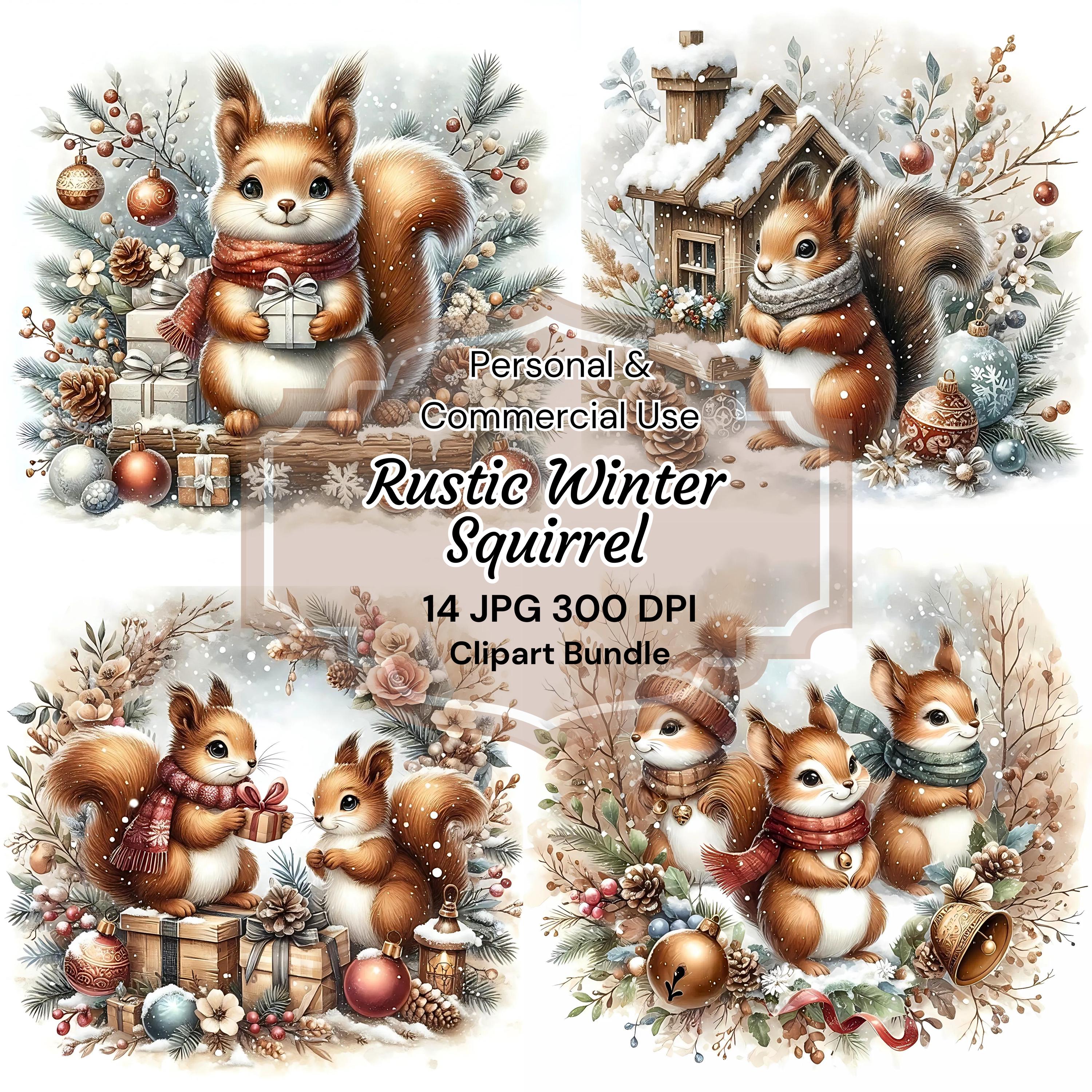 Christmas Squirrels Clipart, Winter Snowy Forest, Rustic Christmas ...