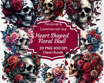 May include: A digital clipart bundle featuring multiple skull illustrations. Each skull is adorned with heart-shaped floral arrangements in shades of red, pink, and blue, and surrounded by butterflies. The text reads "Heart Shaped Floral Skull" and "20 PNG 300 DPI Clipart Bundle."