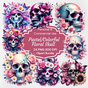 Floral Schädel Clipart Bundle, Schädel Png Designs, Blumen Clipart, Motte Grafiken, transparent, kommerzielle Nutzung, Schädel Sublimation Design