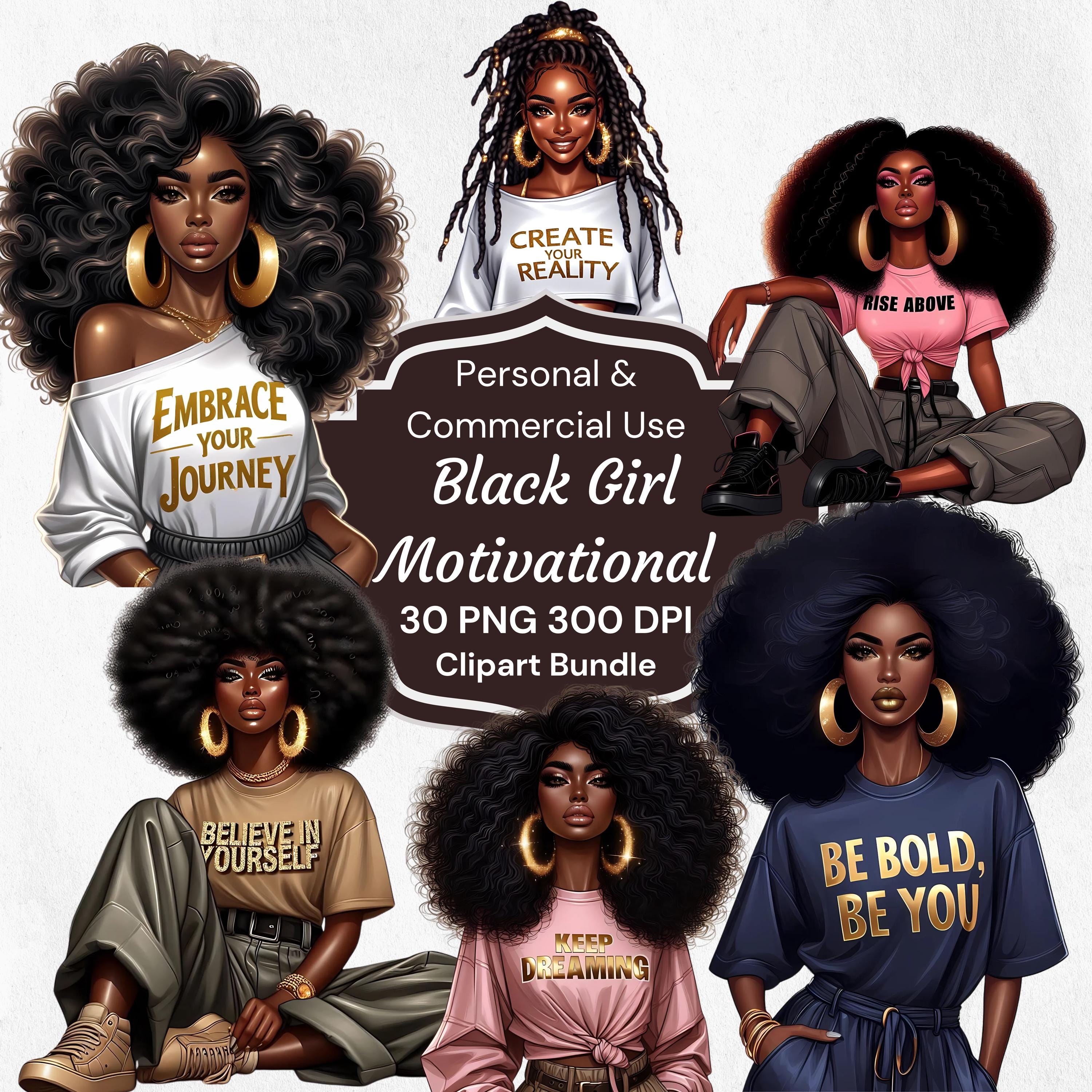 Clipartbundel Afro Black Girl: motiverende png-afbeeldingen (digitale download)