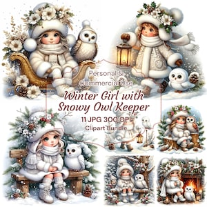 Clipart fille hiver, gardien harfang des neiges, fichiers JPEG 300 DPI de haute qualité, usage Commercial vacances de Noël, clipart aquarelle hiver au pays des merveilles