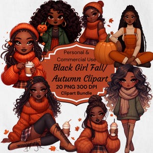 Black Girl Fall Clipart, Autumn Stickers, Cozy Fall Clipart, African American Clipart, Planner Girl, Autumn clipart, Black Woman Magic