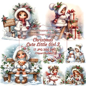 Christmas Girl Clipart, Winter clipart watercolor clipart, Kid Christmas print, Watercolor Christmas Clipart, White christmas, 17 JPG Images